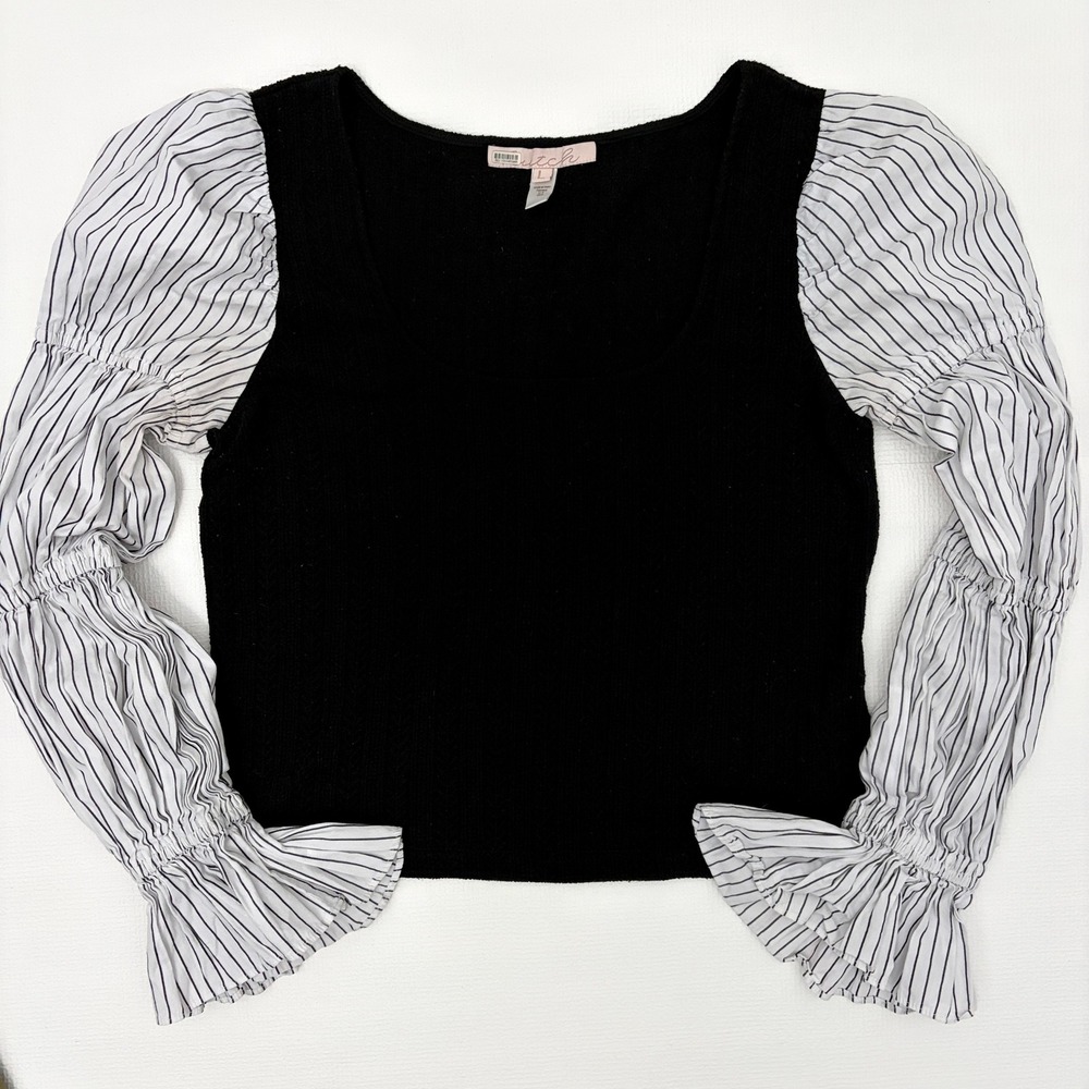 Hutch Mixed Media Top Striped Puff Sleeve Black White Large